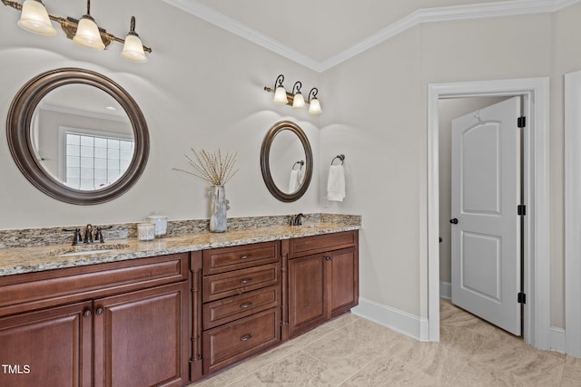 1512 Piazzo Ct, Apex, NC 27502 - bathroom featuring double vanity, crown molding, baseboards, and vaulted ceiling