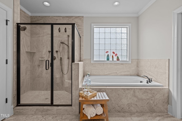 1512 Piazzo Ct, Apex, NC 27502 - full bathroom featuring a garden tub, a shower stall, ornamental molding, and recessed lighting