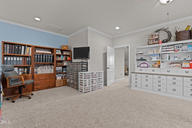 1512 Piazzo Ct, Apex, NC 27502 - carpeted office space featuring ornamental molding, baseboards, ceiling fan, and recessed lighting