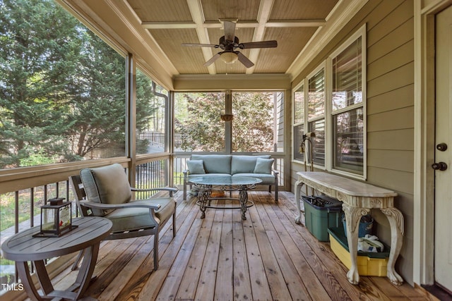 1512 Piazzo Ct, Apex, NC 27502 - sunroom / solarium with ceiling fan, coffered ceiling, and an outdoor hangout area