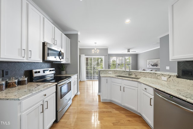 kitchen with crown molding, a peninsula, white cabinets, appliances with stainless steel finishes, and a sink