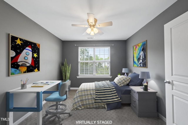 bedroom with visible vents, baseboards, a ceiling fan, and carpet floors