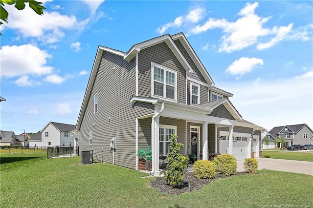 view of side of home featuring a lawn, fence, an attached garage, driveway, and central AC unit