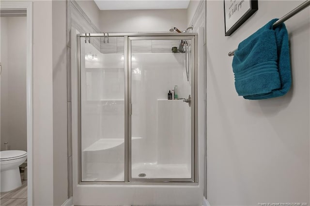 bathroom featuring toilet and a shower stall