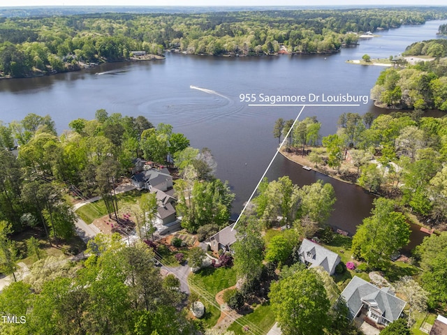 955 Sagamore Dr, Louisburg, NC 27549 - aerial view with a water view and a view of trees