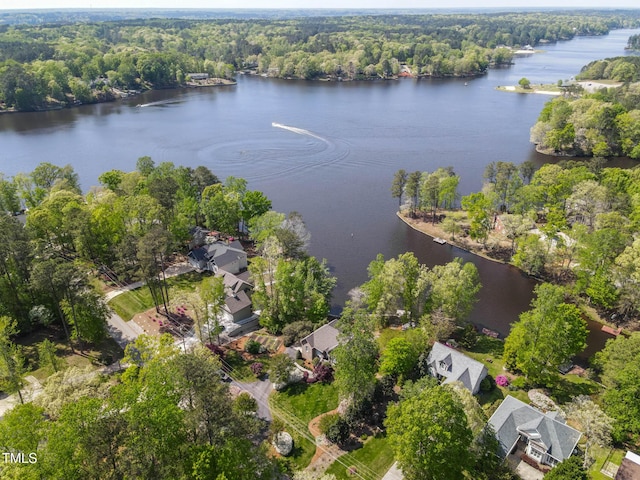 955 Sagamore Dr, Louisburg, NC 27549 - birds eye view of property featuring a forest view and a water view