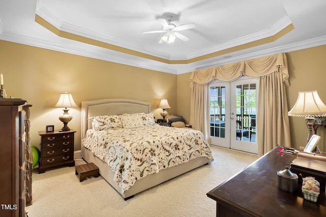 955 Sagamore Dr, Louisburg, NC 27549 - bedroom with ornamental molding, light carpet, access to exterior, a raised ceiling, and french doors