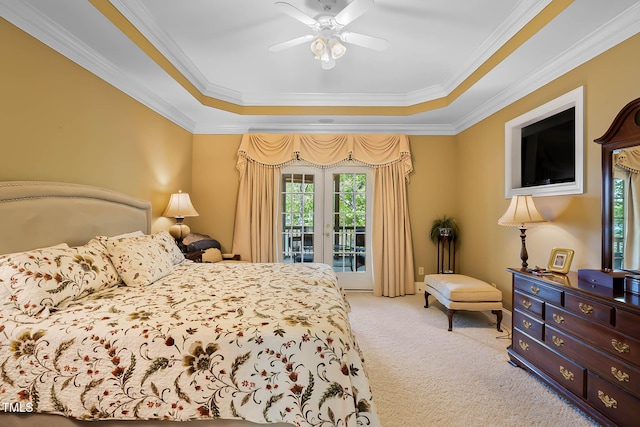 955 Sagamore Dr, Louisburg, NC 27549 - carpeted bedroom featuring access to outside, a tray ceiling, multiple windows, and ornamental molding