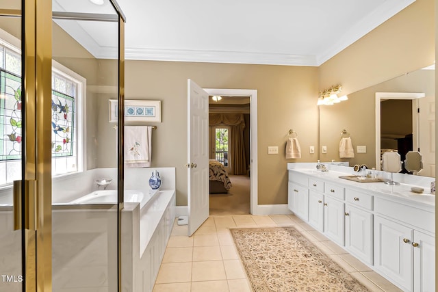 955 Sagamore Dr, Louisburg, NC 27549 - ensuite bathroom featuring double vanity, tile patterned flooring, ensuite bathroom, crown molding, and a sink