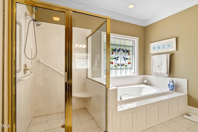 955 Sagamore Dr, Louisburg, NC 27549 - full bathroom with tile patterned floors, a bath, crown molding, and a stall shower