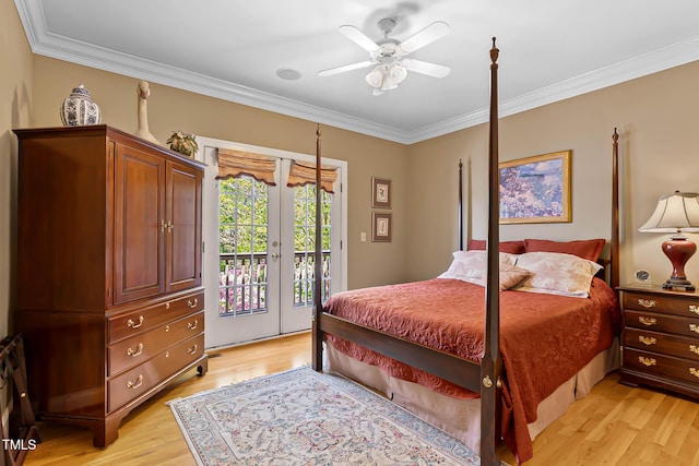 955 Sagamore Dr, Louisburg, NC 27549 - bedroom featuring a ceiling fan, ornamental molding, access to outside, and light wood finished floors