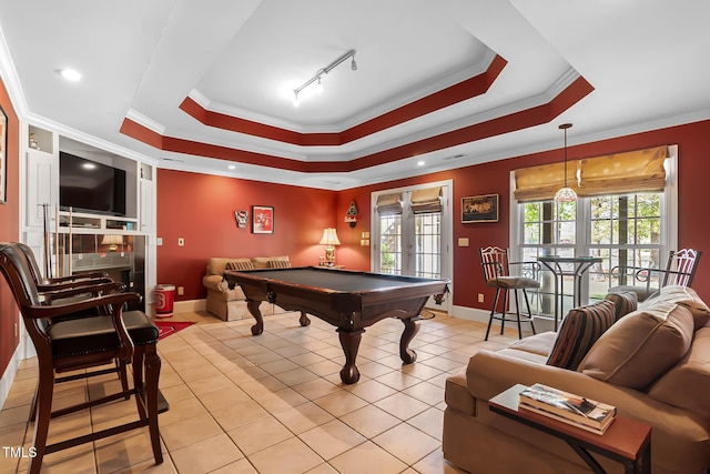 955 Sagamore Dr, Louisburg, NC 27549 - rec room featuring pool table, baseboards, ornamental molding, and a raised ceiling