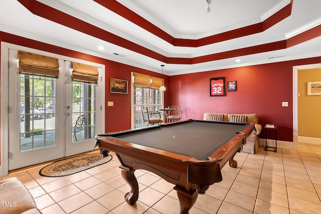955 Sagamore Dr, Louisburg, NC 27549 - rec room with light tile patterned floors, visible vents, baseboards, crown molding, and billiards