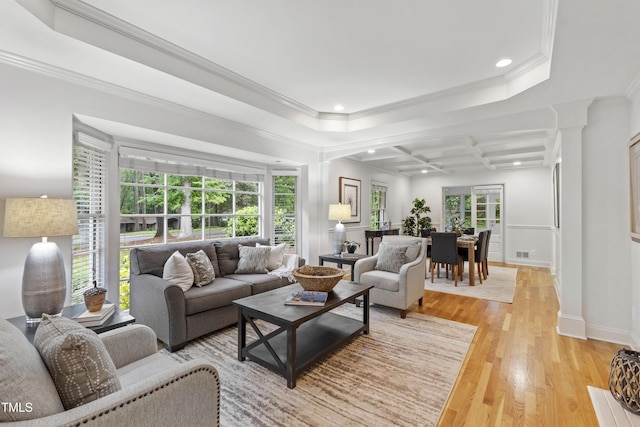 4902 Brookhaven Dr, Raleigh, NC 27612 - living room featuring light wood-style flooring, crown molding, recessed lighting, and coffered ceiling