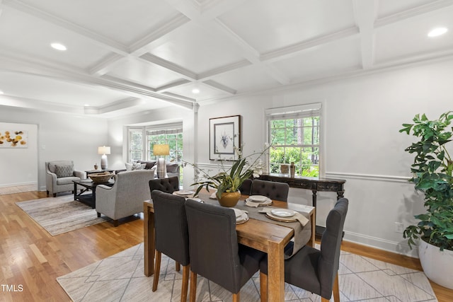 4902 Brookhaven Dr, Raleigh, NC 27612 - dining area with coffered ceiling, light wood-style floors, beam ceiling, recessed lighting, and baseboards