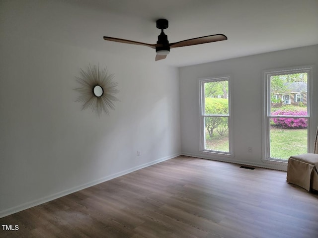 empty room featuring a ceiling fan, plenty of natural light, and wood finished floors