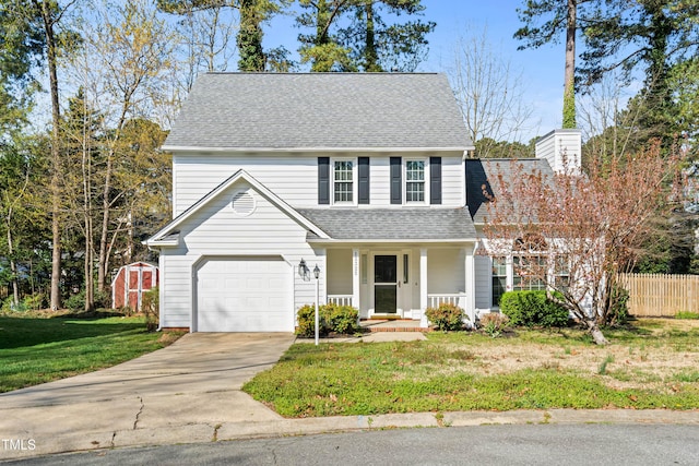 traditional-style home featuring a front yard, a porch, a garage, fence, and a shingled roof