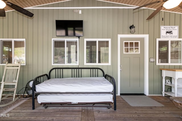 142 Blackhawk Dr, Louisburg, NC 27549 - view of exterior entry with a deck and a ceiling fan