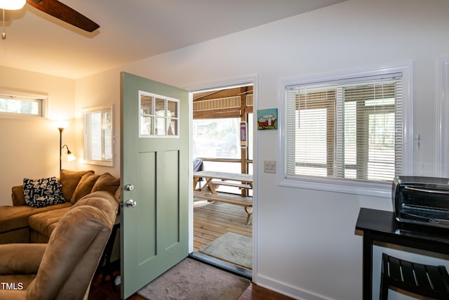 142 Blackhawk Dr, Louisburg, NC 27549 - entryway with dark wood-style flooring, a ceiling fan, and a healthy amount of sunlight
