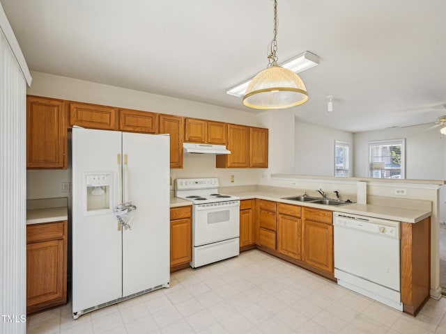 kitchen featuring white appliances, a sink, under cabinet range hood, a peninsula, and light countertops