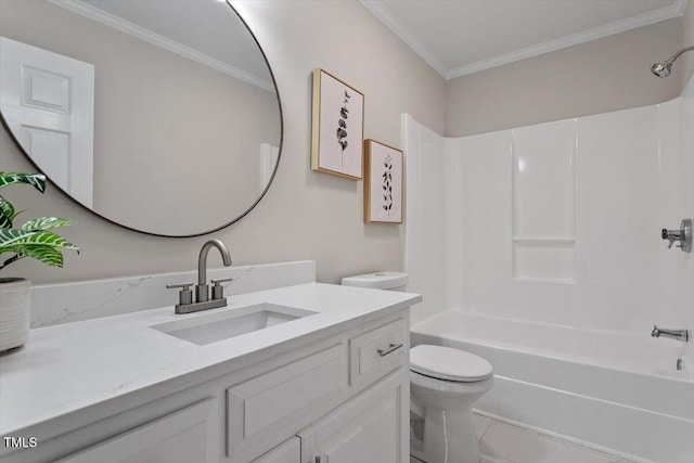 full bathroom with vanity, ornamental molding, toilet, and shower / washtub combination