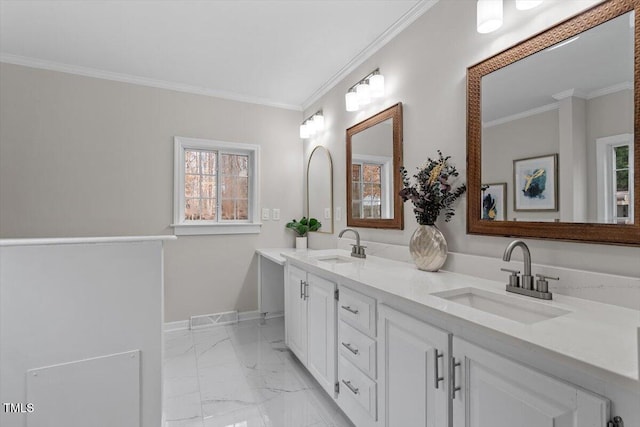 full bath featuring visible vents, baseboards, a sink, ornamental molding, and marble finish floor