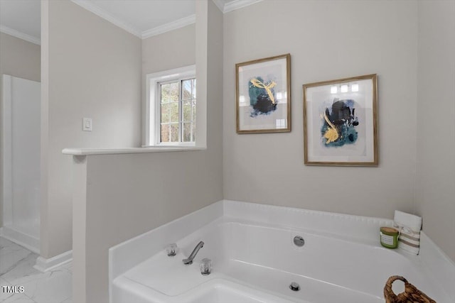 full bath featuring ornamental molding, a bath, and marble finish floor