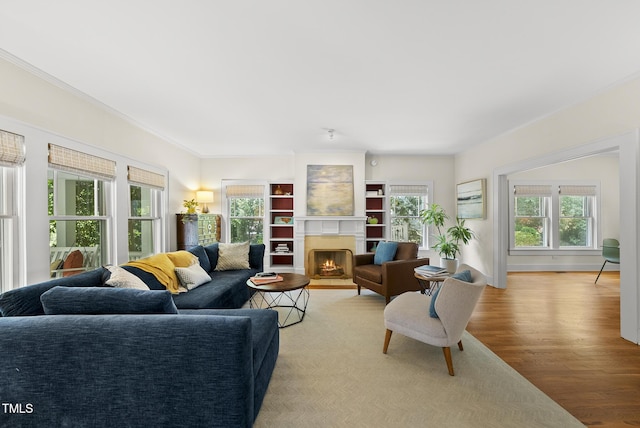 living area featuring light wood-style floors, a fireplace with flush hearth, and ornamental molding