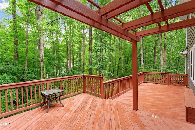 wooden terrace with a wooded view