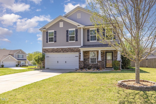 craftsman-style home featuring driveway, stone siding, board and batten siding, a front lawn, and a garage