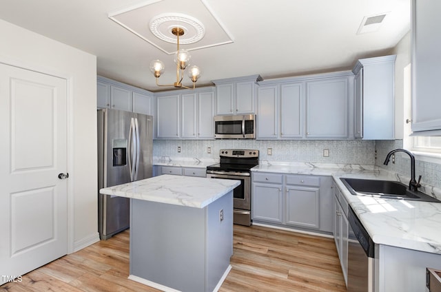 kitchen with a sink, gray cabinets, and appliances with stainless steel finishes