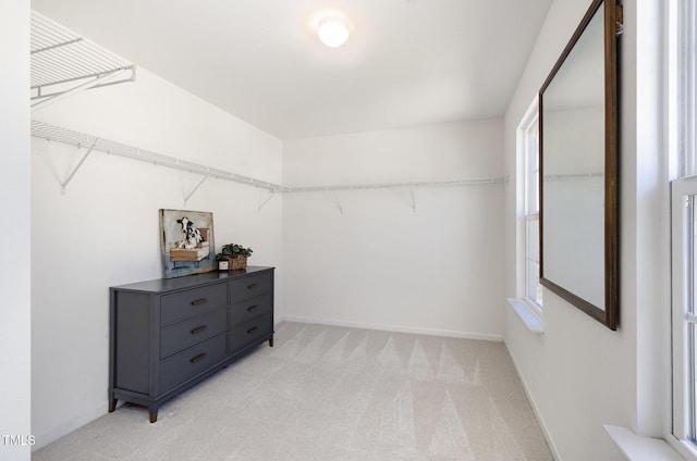 spacious closet featuring light colored carpet