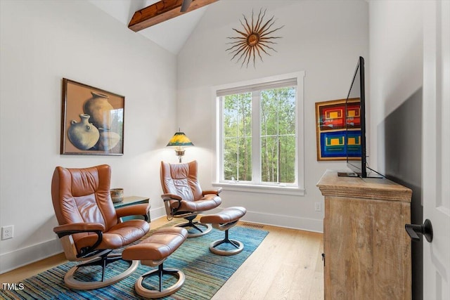 749 Golfers Vw, Pittsboro, NC 27312 - living area featuring visible vents, baseboards, wood finished floors, and lofted ceiling with beams