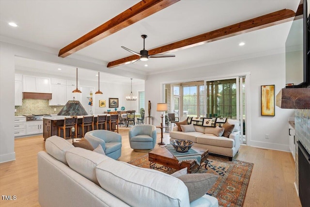 749 Golfers Vw, Pittsboro, NC 27312 - living room featuring baseboards, recessed lighting, light wood-style floors, beam ceiling, and ceiling fan with notable chandelier