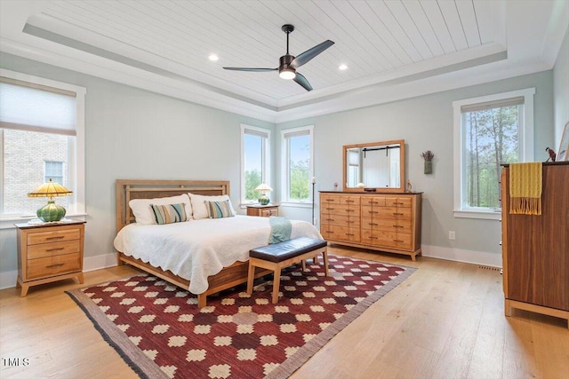 749 Golfers Vw, Pittsboro, NC 27312 - bedroom with light wood-type flooring, multiple windows, wooden ceiling, and a raised ceiling