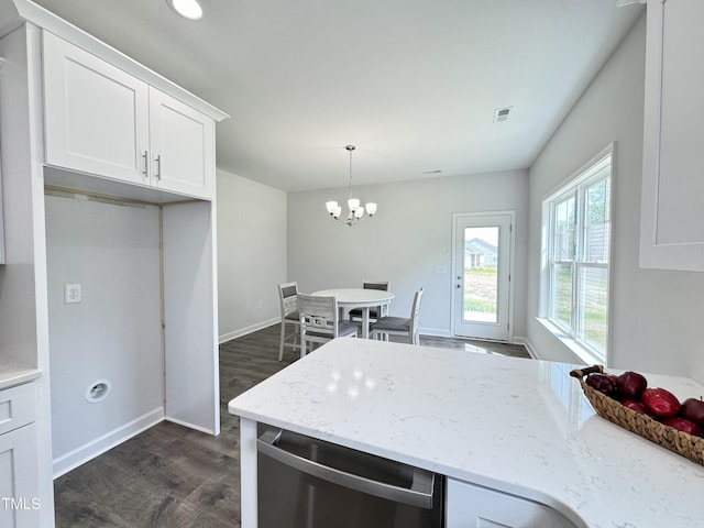 1387 Stoney Creek Church Rd, Goldsboro, NC 27534 - kitchen featuring dishwasher, light stone counters, an inviting chandelier, white cabinetry, and dark wood-type flooring