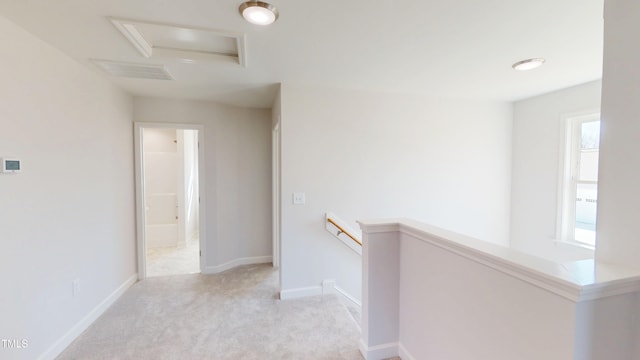 1387 Stoney Creek Church Rd, Goldsboro, NC 27534 - corridor with carpet, an upstairs landing, attic access, visible vents, and baseboards