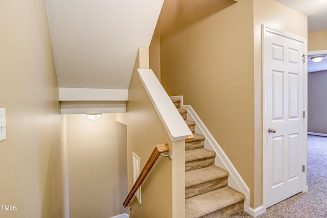 stairway with baseboards and carpet floors