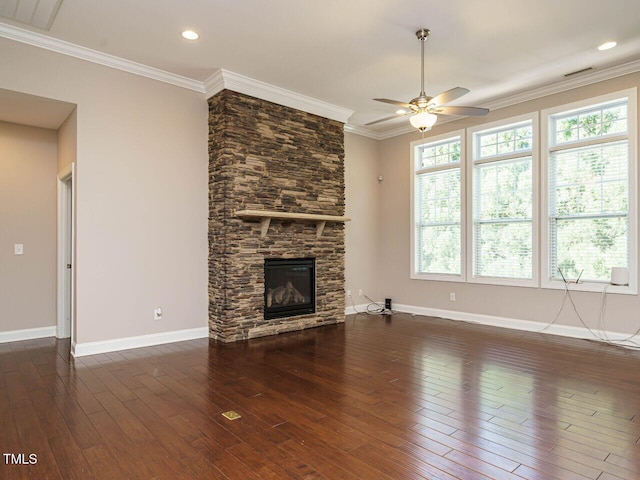65 N Wilders Ridge Way, Clayton, NC 27527 - unfurnished living room featuring a ceiling fan, dark wood finished floors, a fireplace, crown molding, and recessed lighting