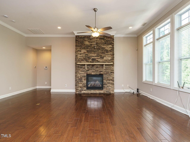 65 N Wilders Ridge Way, Clayton, NC 27527 - unfurnished living room with ceiling fan, hardwood / wood-style flooring, crown molding, and a fireplace