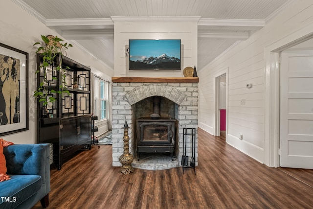 2815 Orange Grove Rd, Hillsborough, NC 27278 - living area featuring a wood stove, wood finished floors, beamed ceiling, crown molding, and baseboards
