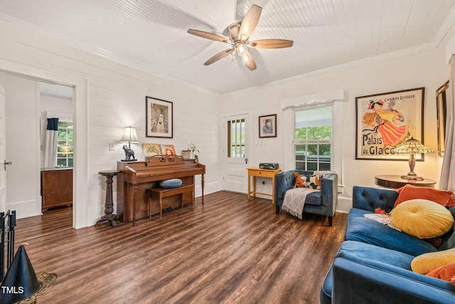 2815 Orange Grove Rd, Hillsborough, NC 27278 - living room with a ceiling fan, wood finished floors, and crown molding
