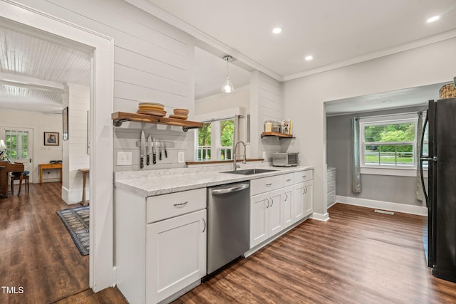 2815 Orange Grove Rd, Hillsborough, NC 27278 - kitchen with dishwasher, open shelves, a sink, crown molding, and freestanding refrigerator