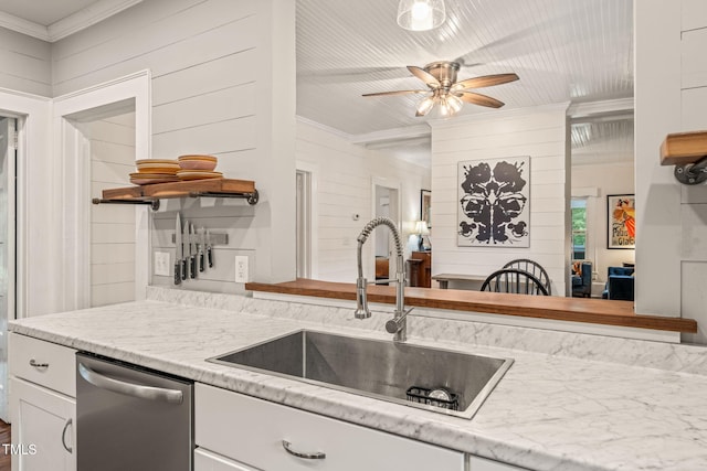 2815 Orange Grove Rd, Hillsborough, NC 27278 - kitchen featuring a sink, open shelves, dishwasher, crown molding, and ceiling fan