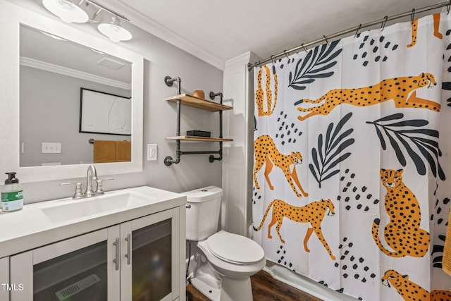 2815 Orange Grove Rd, Hillsborough, NC 27278 - full bathroom featuring ornamental molding, vanity, toilet, a shower with curtain, and wood finished floors