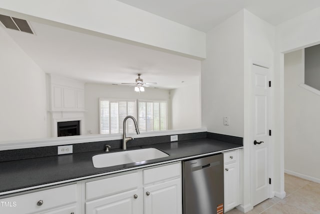 kitchen with visible vents, a sink, dishwasher, and dark countertops