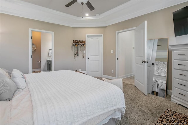bedroom with baseboards, recessed lighting, ensuite bathroom, crown molding, and light colored carpet