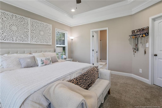 carpeted bedroom with baseboards, recessed lighting, ensuite bathroom, crown molding, and a ceiling fan