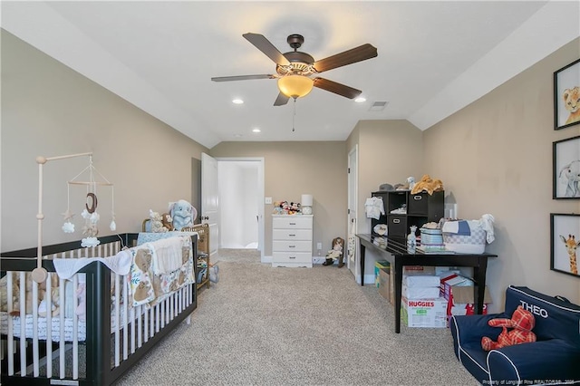 carpeted bedroom with visible vents, ceiling fan, recessed lighting, and vaulted ceiling