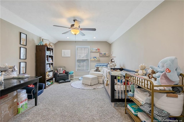 interior space featuring baseboards, vaulted ceiling, recessed lighting, carpet floors, and ceiling fan